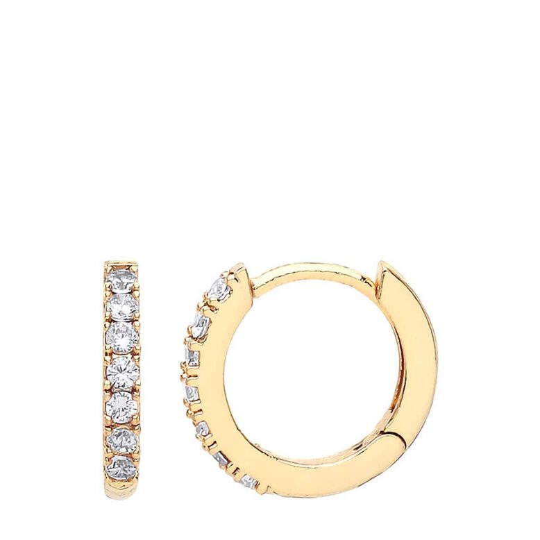 Pave Gold Plate White Cubic Zirconia Hoop Earrings - Gold, , hi-res