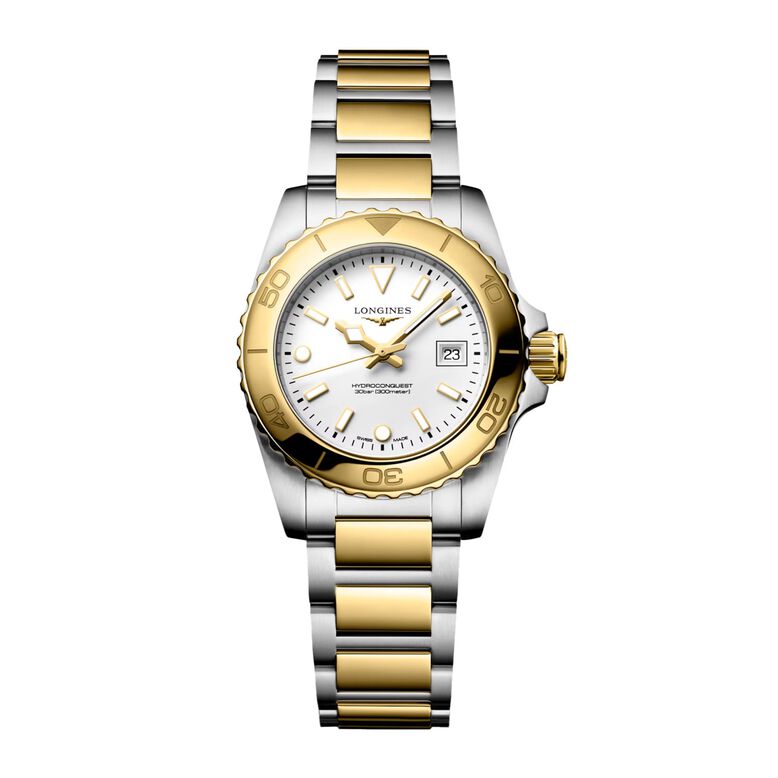 Hydroconquest Quartz 30mm Ladies Watch White Dial Stainless Steel and Yellow PVD Coating Bracelet, , hi-res