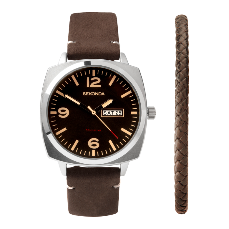 Men's Pilot Watch Gift Set Leather Brown - Brown, , hi-res