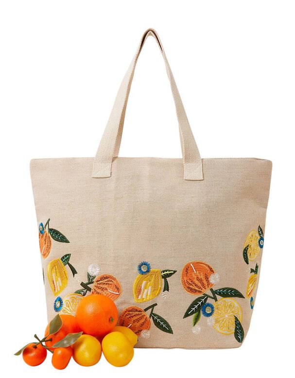Orange and Lemon Embroidered Tote Bag, , hi-res