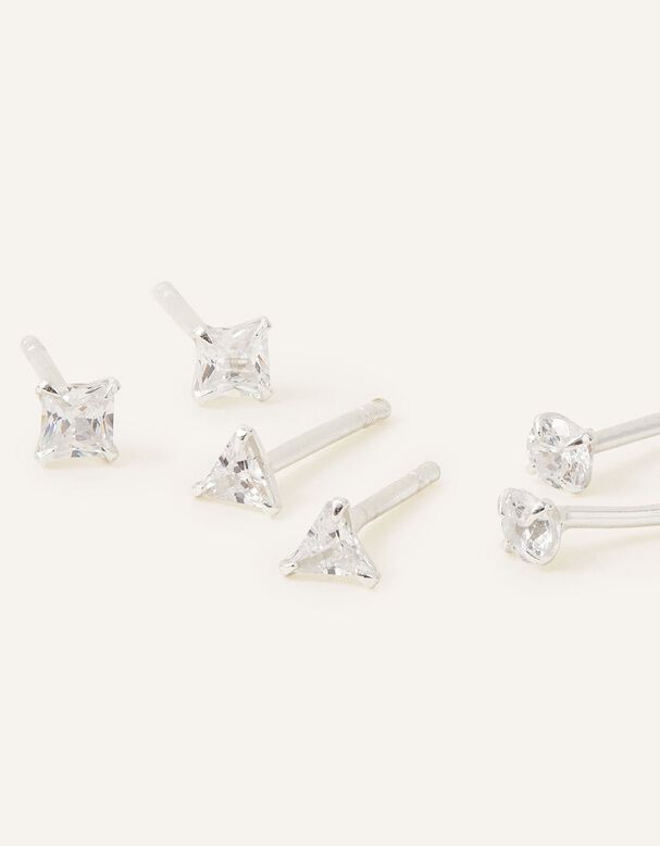 Sterling Silver Crystal Studs Set of Three, , hi-res