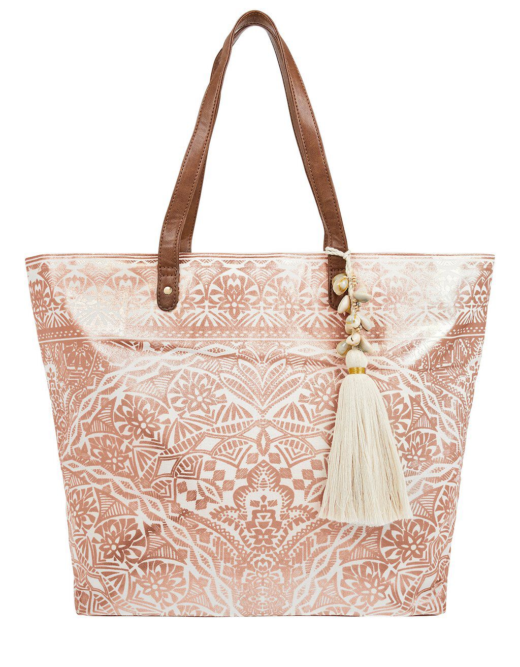 white and gold beach bag