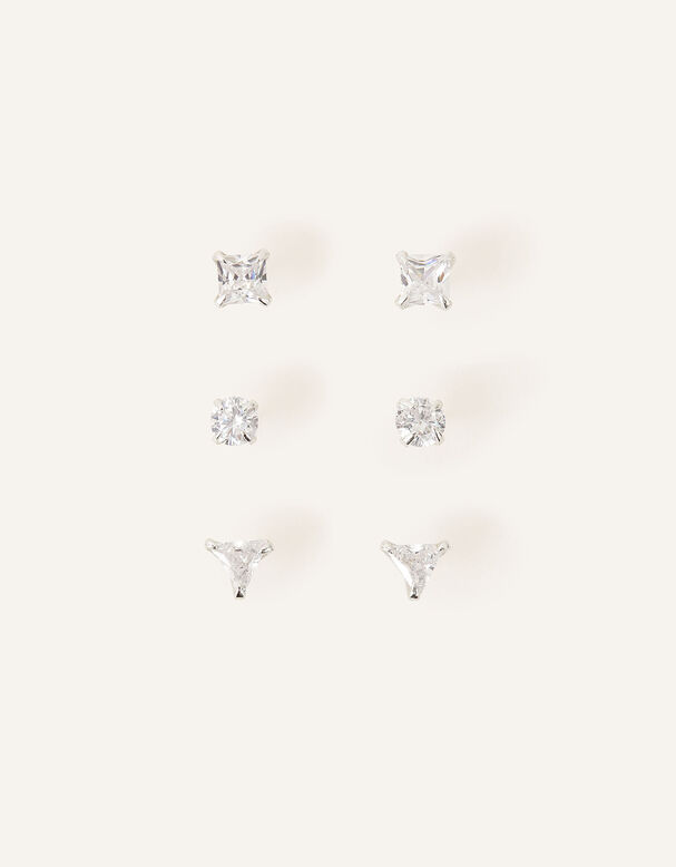 Sterling Silver Crystal Studs Set of Three, , hi-res