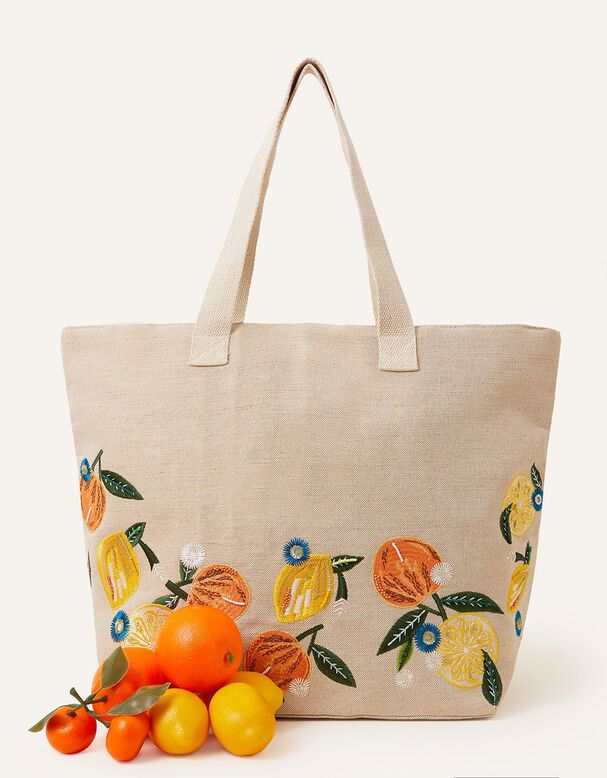 Orange and Lemon Embroidered Tote Bag, , hi-res