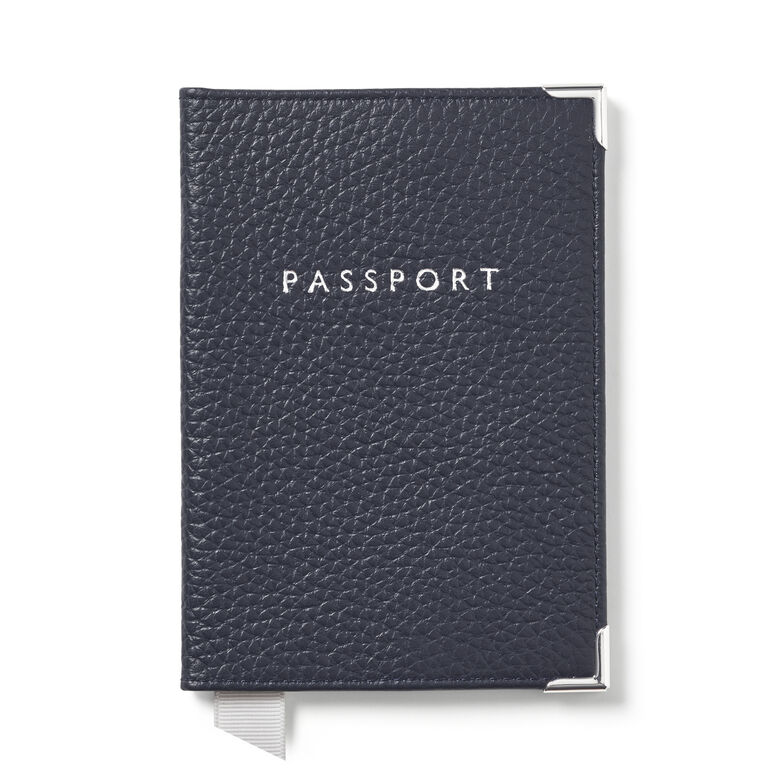Plain Passport Cover Navy Pebble SILVER LOGO, , hi-res