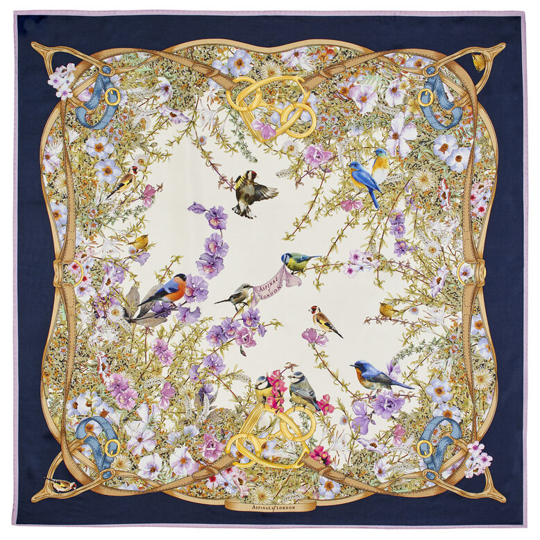 Edwardian Garden Silk Scarf Navy, , hi-res