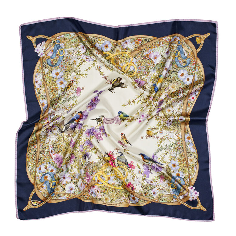 Edwardian Garden Silk Scarf Navy, , hi-res