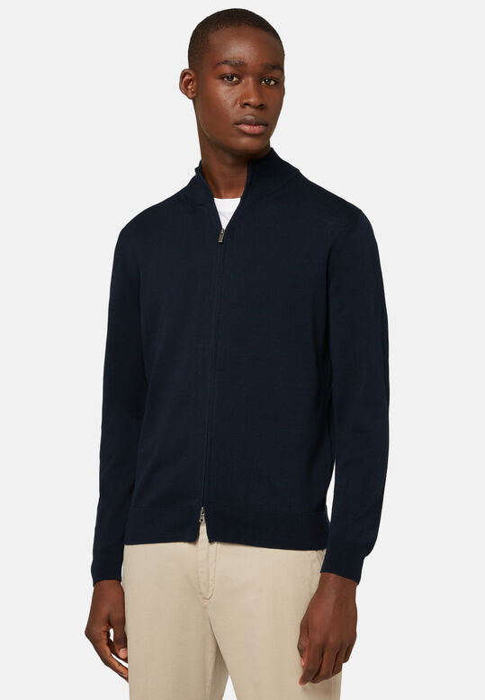Navy Pima Cotton Full Zip Sweater, , hi-res