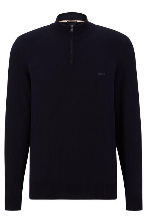 Organic-cotton zip-neck sweater with embroidered logo, , hi-res