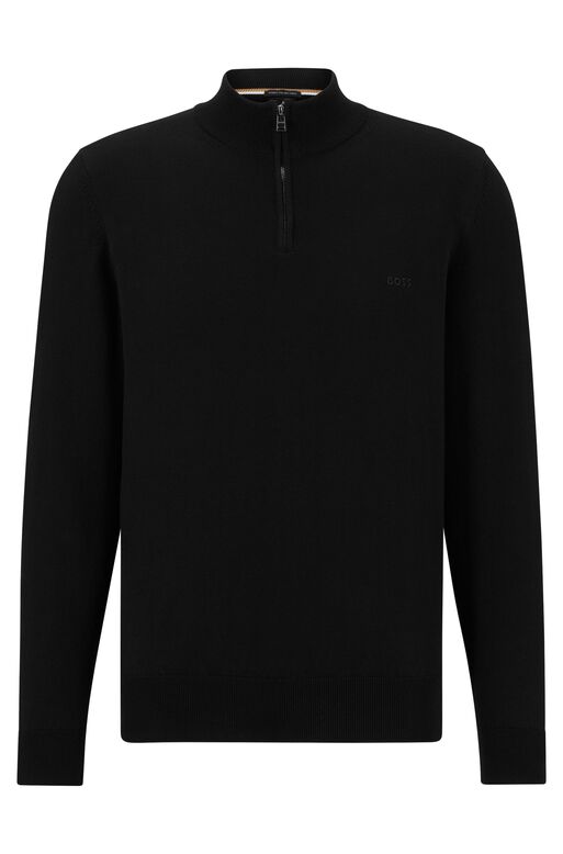 Organic-cotton zip-neck sweater with embroidered logo, , hi-res