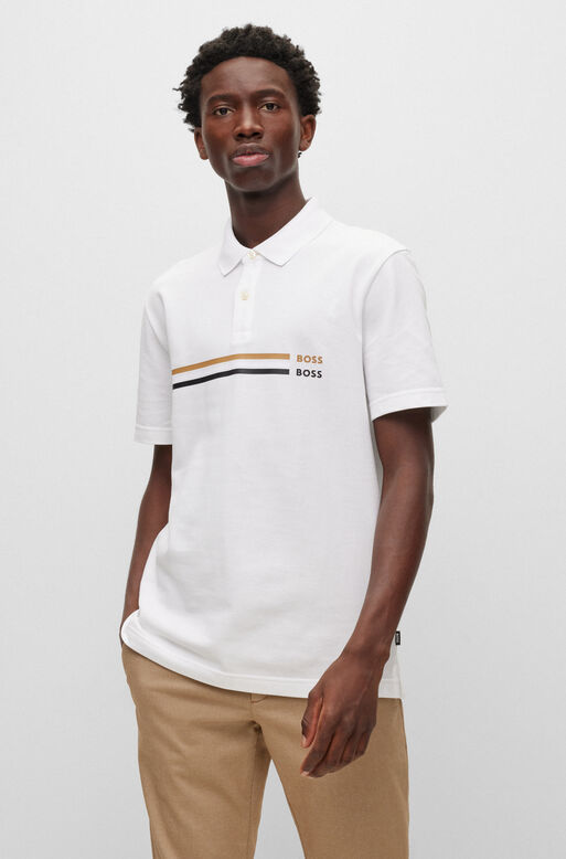 Mercerised-cotton polo shirt with signature stripe and logos, , hi-res