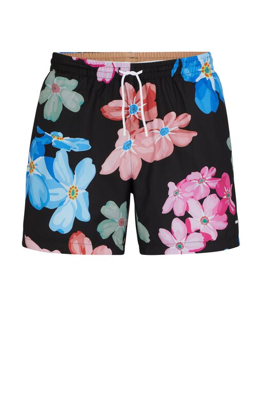 Logo-detail swim shorts with floral print, , hi-res