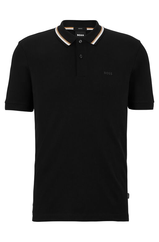Slim-fit polo shirt in cotton with striped collar, , hi-res