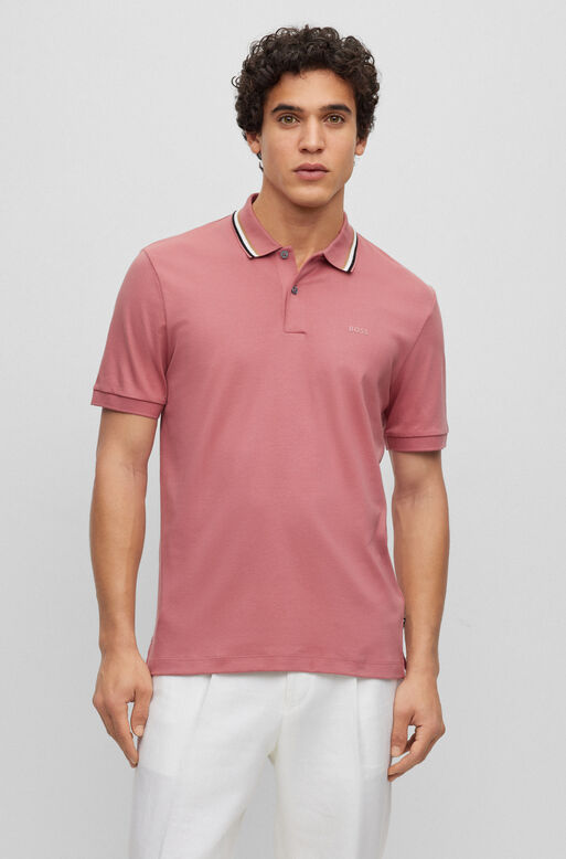 Slim-fit polo shirt in cotton with striped collar, , hi-res