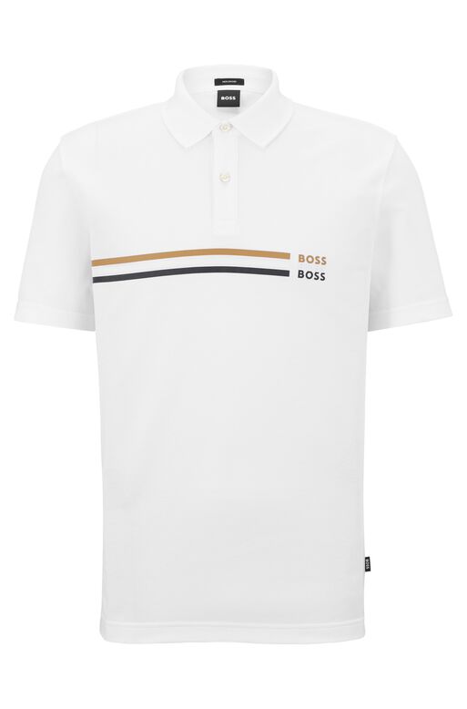 Mercerised-cotton polo shirt with signature stripe and logos, , hi-res