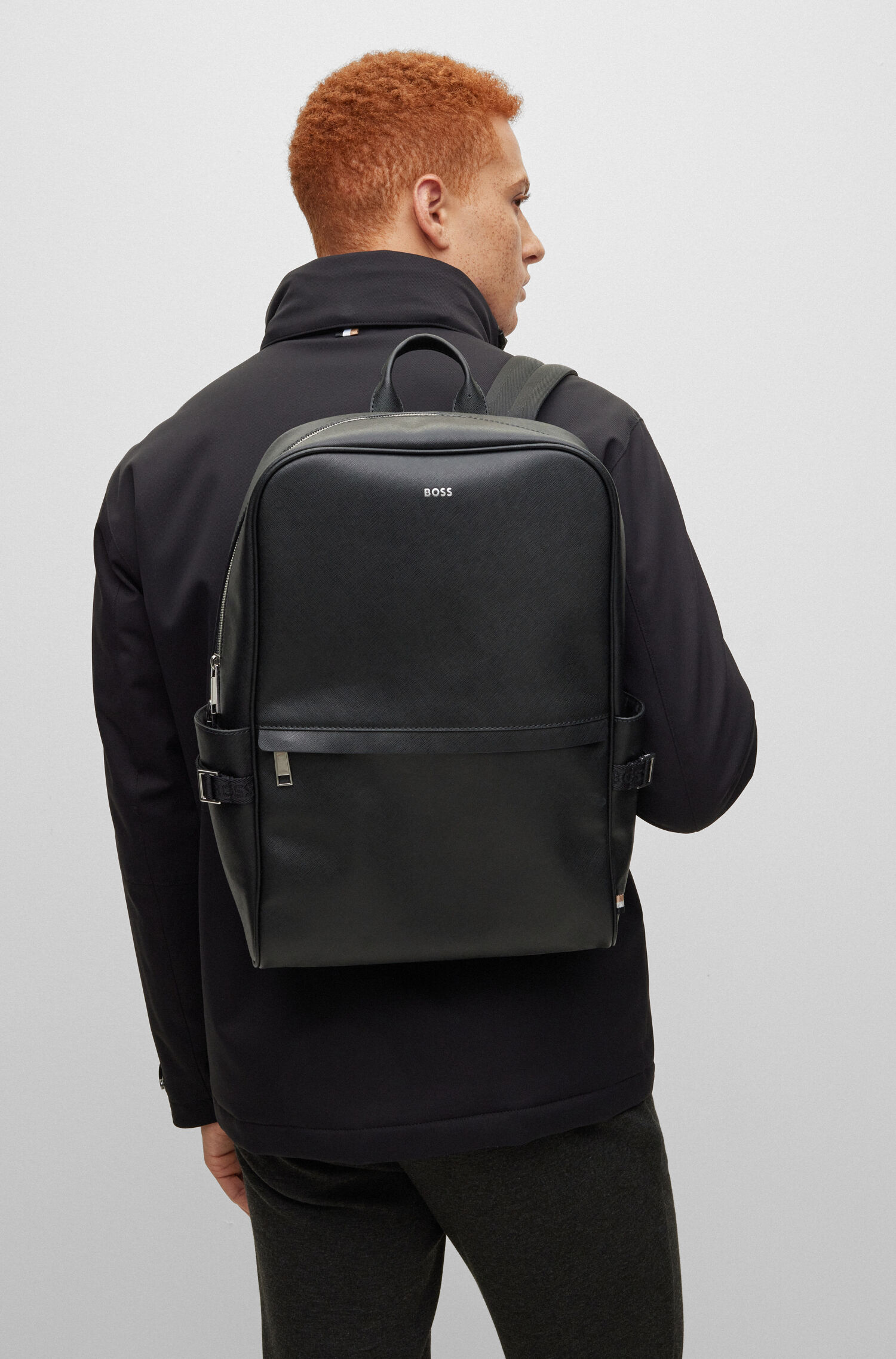 Boss Structured-leather backpack with silver-tone logo Backpack ...