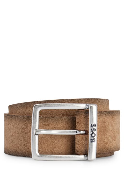 Suede belt with squared buckle and engraved logo, , hi-res