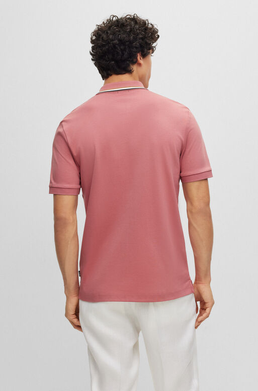 Slim-fit polo shirt in cotton with striped collar, , hi-res