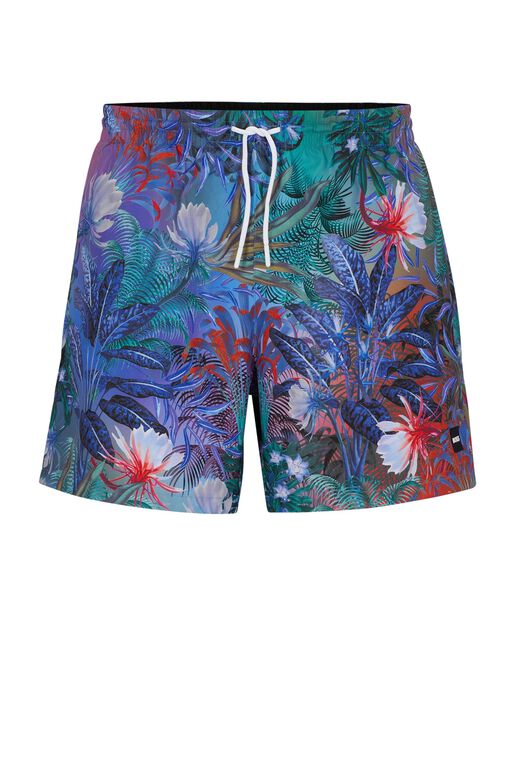 Floral-print swim shorts with logo detail, , hi-res