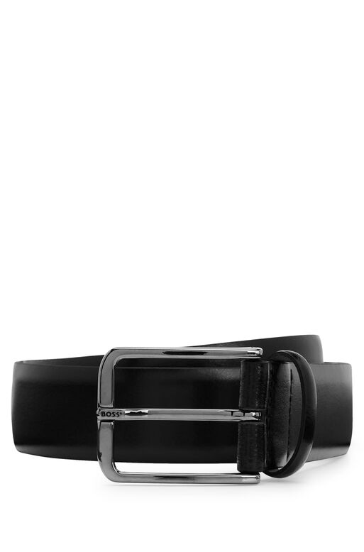 Italian-leather belt with logo-engraved pin buckle, , hi-res