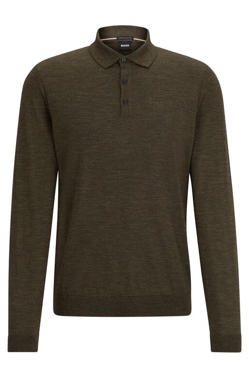 Slim-fit sweater in responsible wool with polo collar, , hi-res