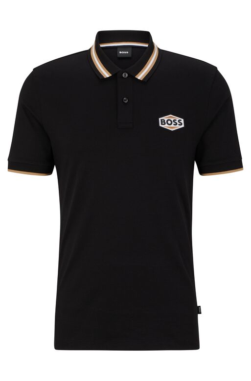 Mercerised-cotton polo shirt with logo badge, , hi-res