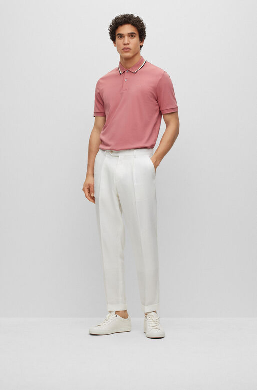 Slim-fit polo shirt in cotton with striped collar, , hi-res
