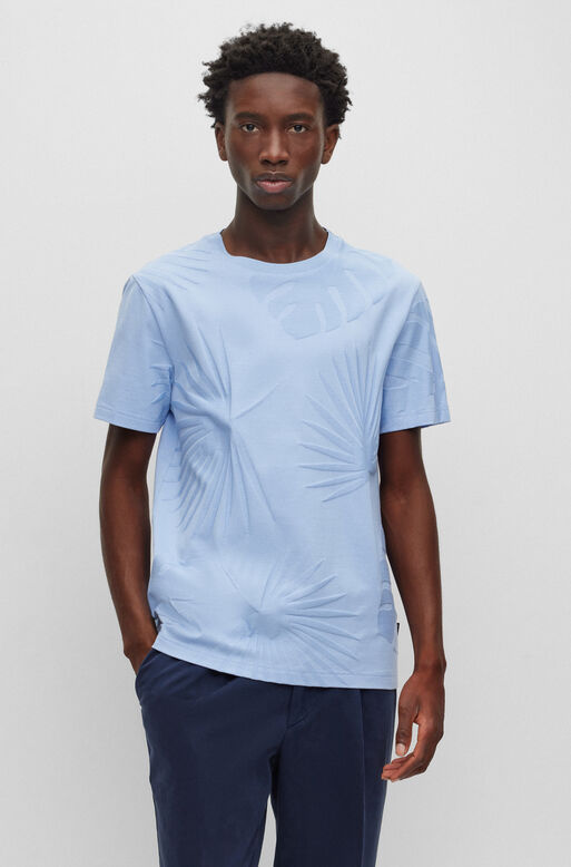 Mercerised-cotton T-shirt with Hawaiian-inspired tonal jacquard, , hi-res
