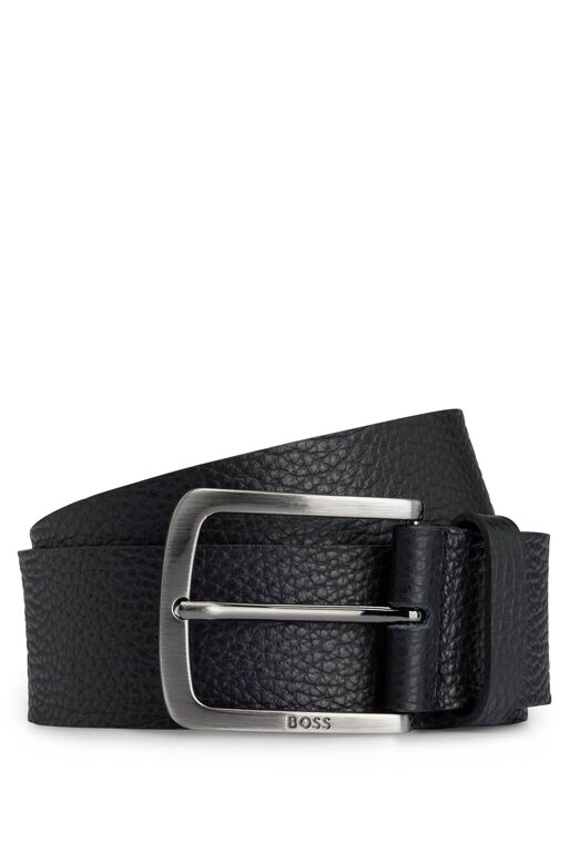 Grained Italian-leather belt with branded buckle, , hi-res
