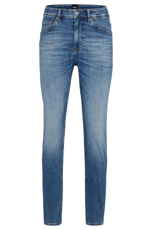 Tapered-fit jeans in mid-blue Italian stretch denim, , hi-res
