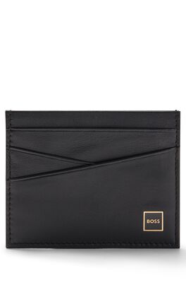 Leather card holder with logo in gold-tone frame
