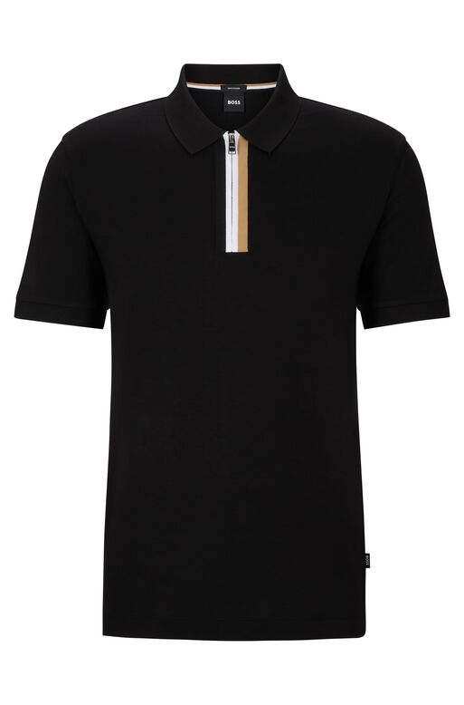 Mercerised-cotton polo shirt with flat-knit stripe placket, , hi-res
