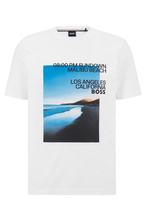 Cotton-blend T-shirt with photographic beach print and logo, , hi-res