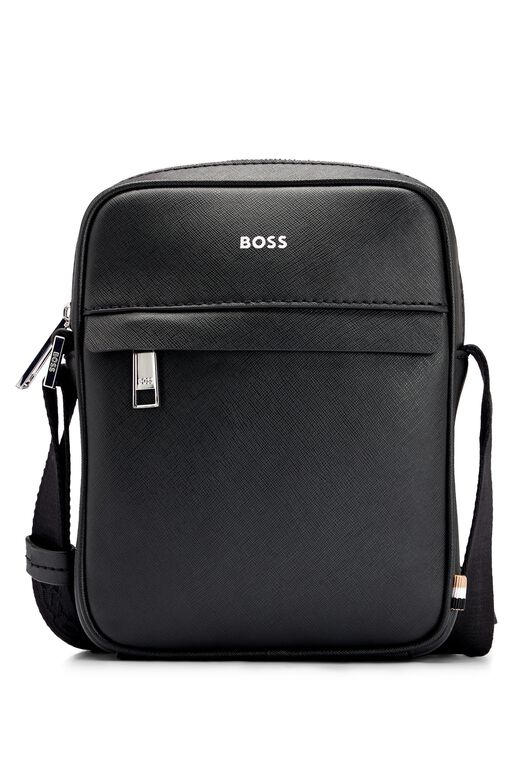 Structured-leather reporter bag with logo detail, , hi-res