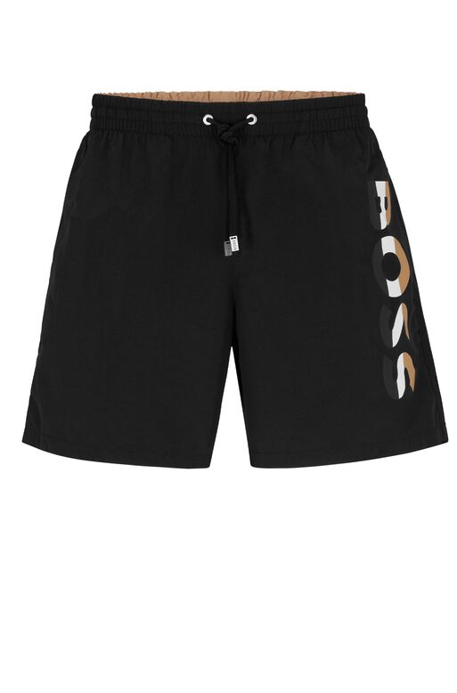 Recycled-material swim shorts with signature-stripe logo, , hi-res
