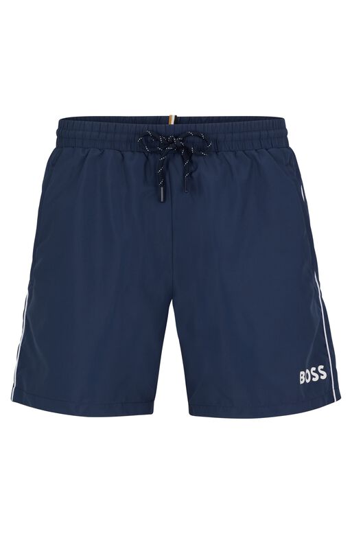 Quick-drying swim shorts with logo and piping, , hi-res
