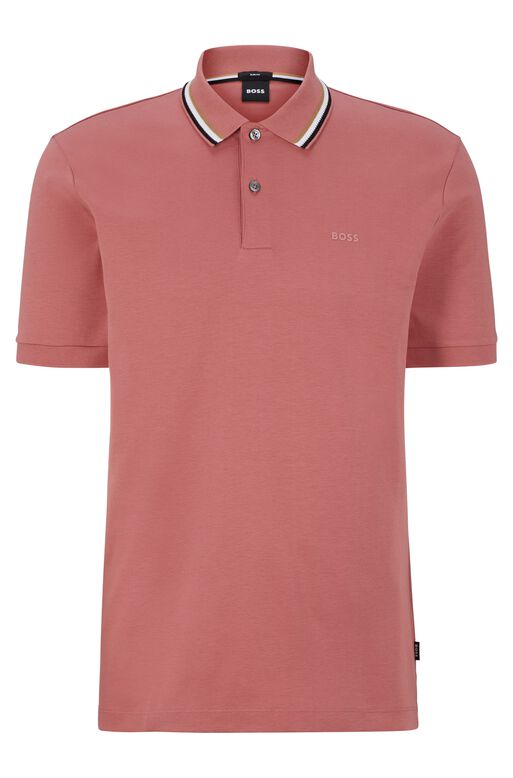 Slim-fit polo shirt in cotton with striped collar, , hi-res