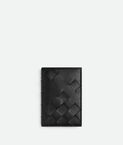 Flap card case in smooth and Intrecciato silky calf leather, featuring an archival all-over dégradé effect.