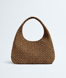Shoulder bag with archival silhouette in soft Intrecciato suede, featuring a tie closure., , hi-res