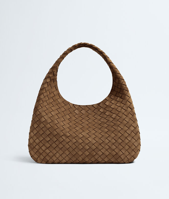 Shoulder bag with archival silhouette in soft Intrecciato suede, featuring a tie closure., , hi-res