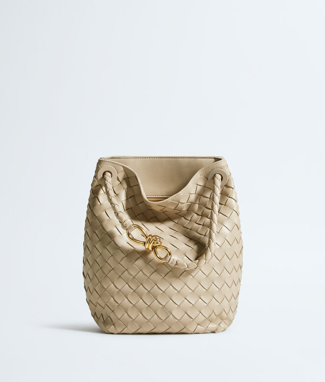 Bucket bag in supple Intrecciato leather with signature knot detail and sliding shoulder strap. , , hi-res