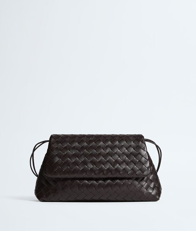 Pouch in Intrecciato leather with flap and drawstring closure, featuring a loop attachment for shoulder carry. , , hi-res
