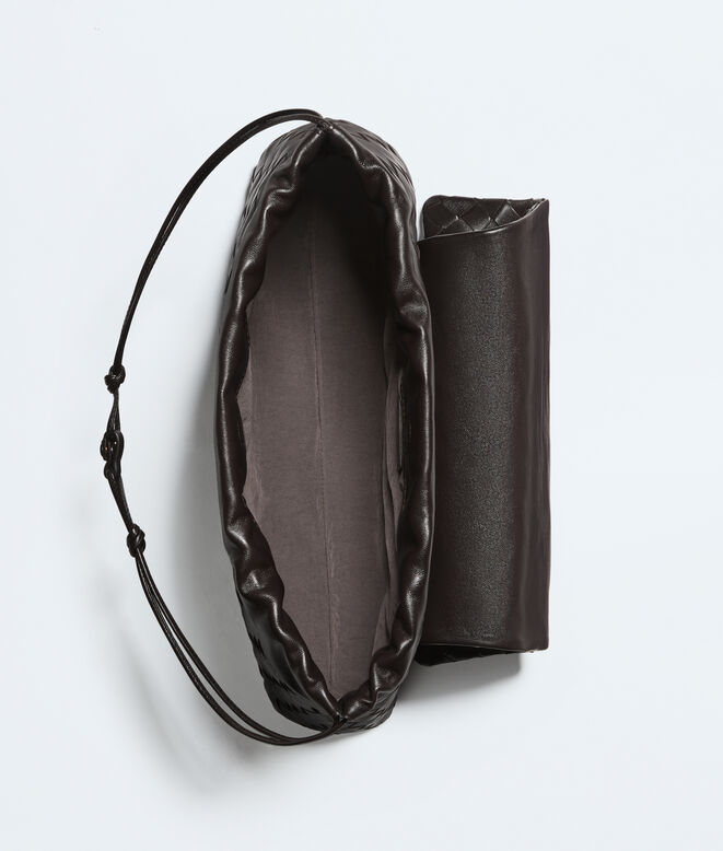 Pouch in Intrecciato leather with flap and drawstring closure, featuring a loop attachment for shoulder carry. , , hi-res
