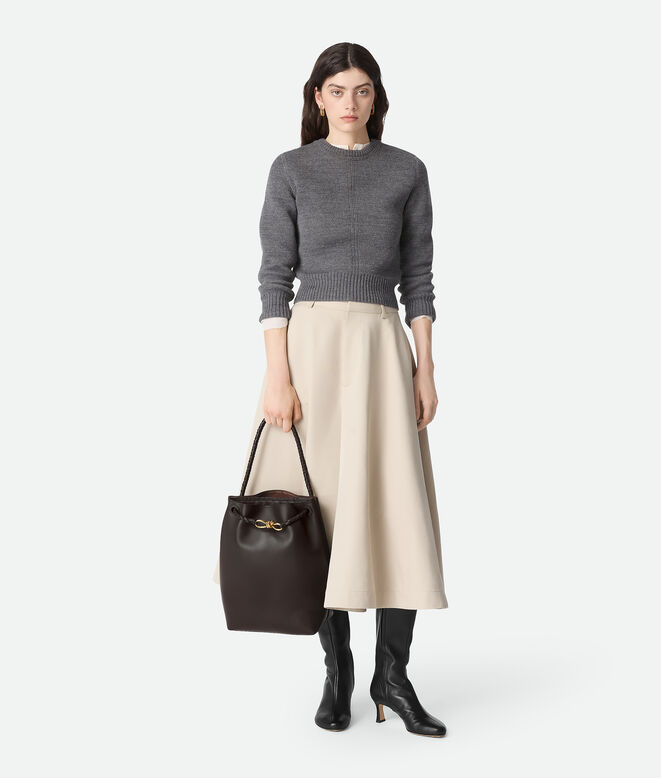 Bucket bag in silky calf leather with signature knot detail and sliding shoulder strap., , hi-res