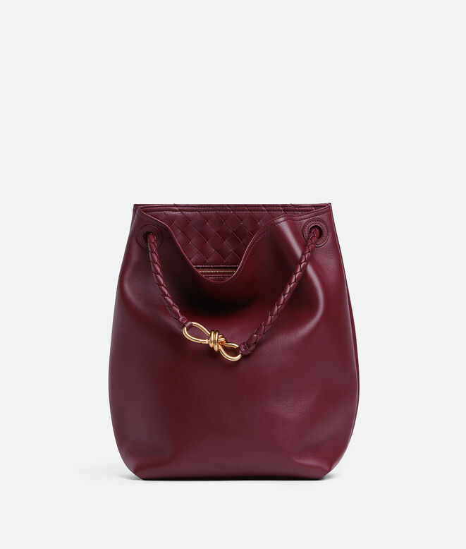 Bucket bag in silky calf leather with signature knot detail and sliding shoulder strap., , hi-res