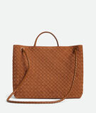 Top handle bag in Intrecciato suede with signature knot detail and sliding cross-body strap., , hi-res