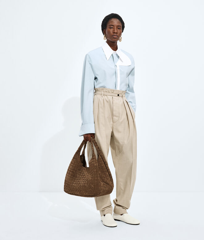 Shoulder bag with archival silhouette in soft Intrecciato suede, featuring a tie closure., , hi-res