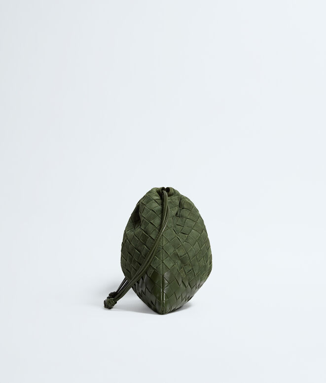 Dustbag in Intrecciato suede and nappa leather with drawstring closure and loop attachment for shoulder carry., , hi-res