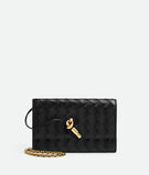 Pouch in Intrecciato nappa leather with signature knot closure and metal chain., , hi-res