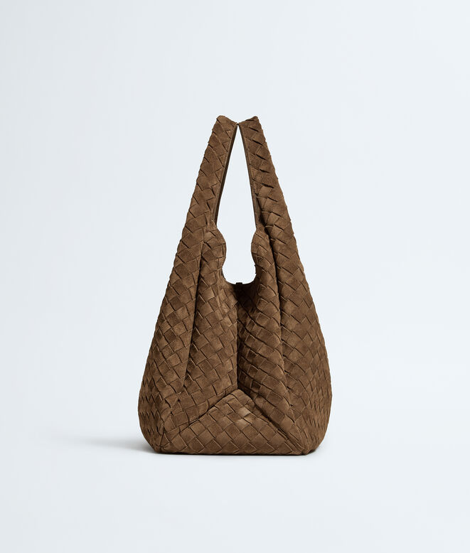 Shoulder bag with archival silhouette in soft Intrecciato suede, featuring a tie closure., , hi-res